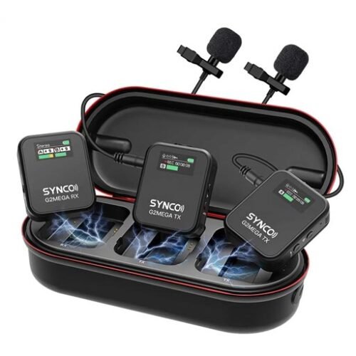 SYNCO G2 Mega Wireless Microphones for Filming with Charging Case, 24h Recording Total, 8GB Onboard Recording, 200m Transmission, TFT Screen